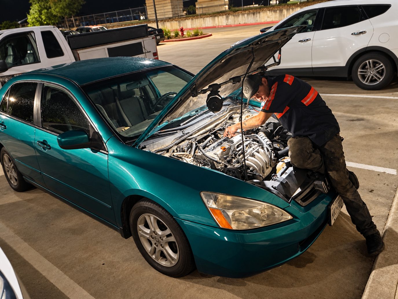 Justin leaning into the engine bay of a Honda Accord during a night parking-lot repair