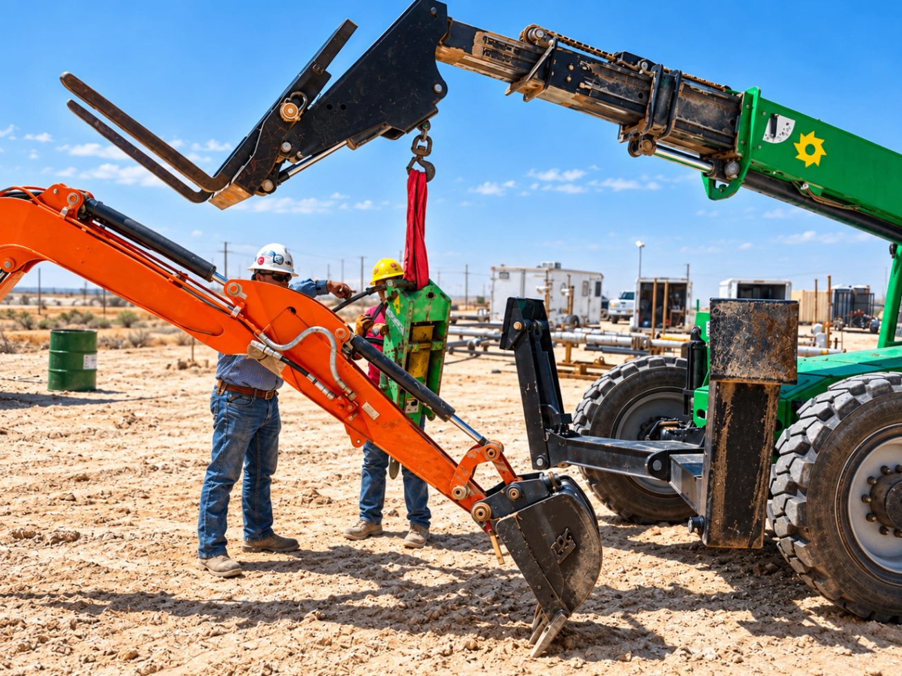 Jobsite repair on an excavator arm and telehandler attachment under a clear sky