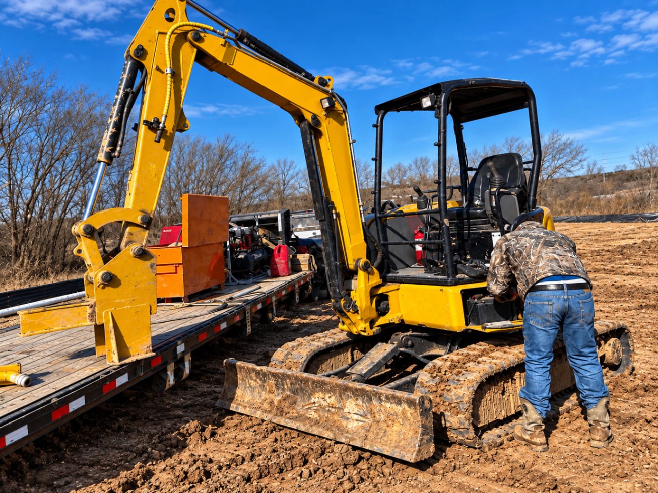 Mechanic servicing a mini excavator beside an equipment trailer on a dirt jobsite