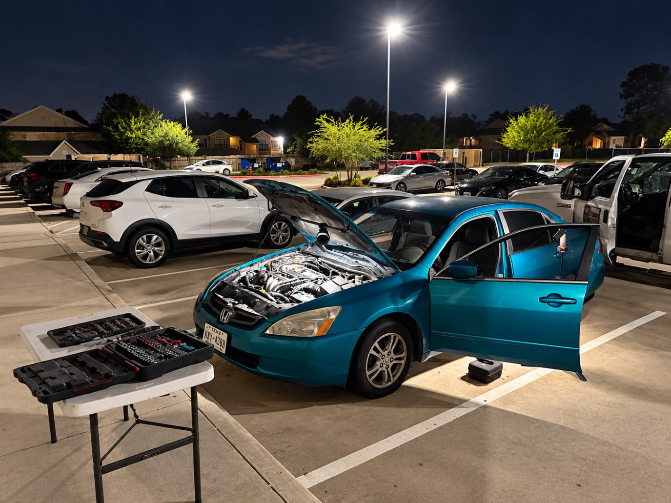 Honda Accord with hood up and tool table set up in an apartment parking lot at night