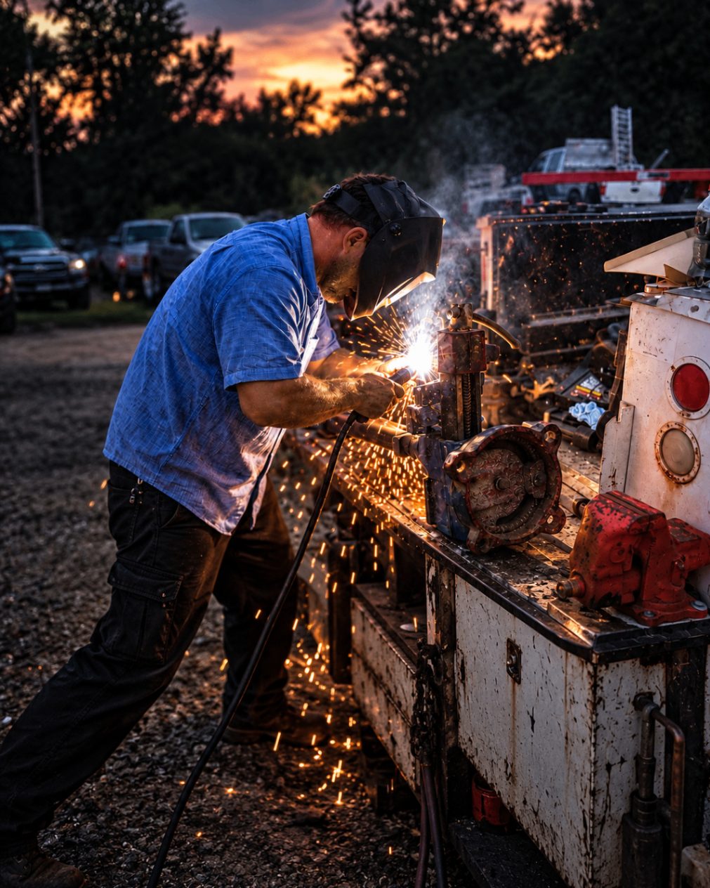 Welding a part on the Freedom service truck vise at sunset with sparks flying