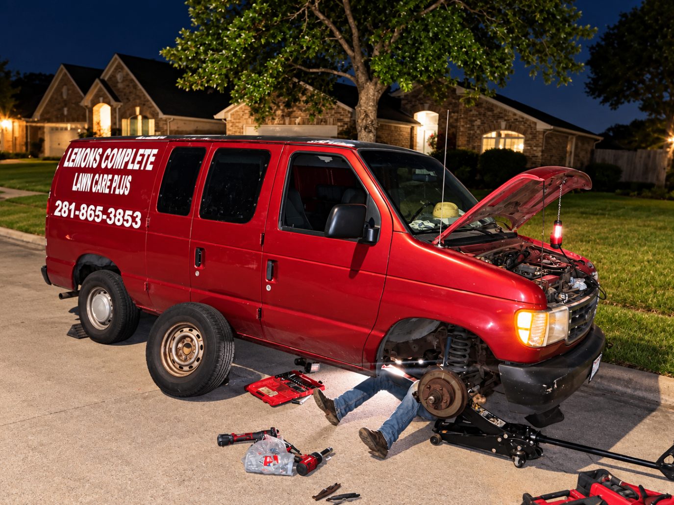 Front brake and hub work on a red work van in a driveway at night