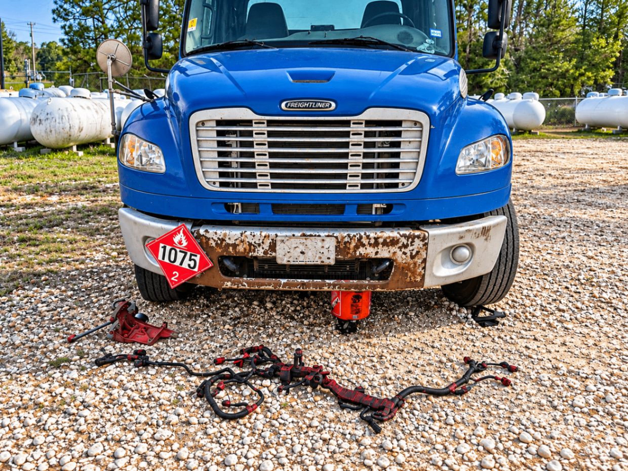 Wiring harness repair on a Freightliner propane truck in a gravel yard