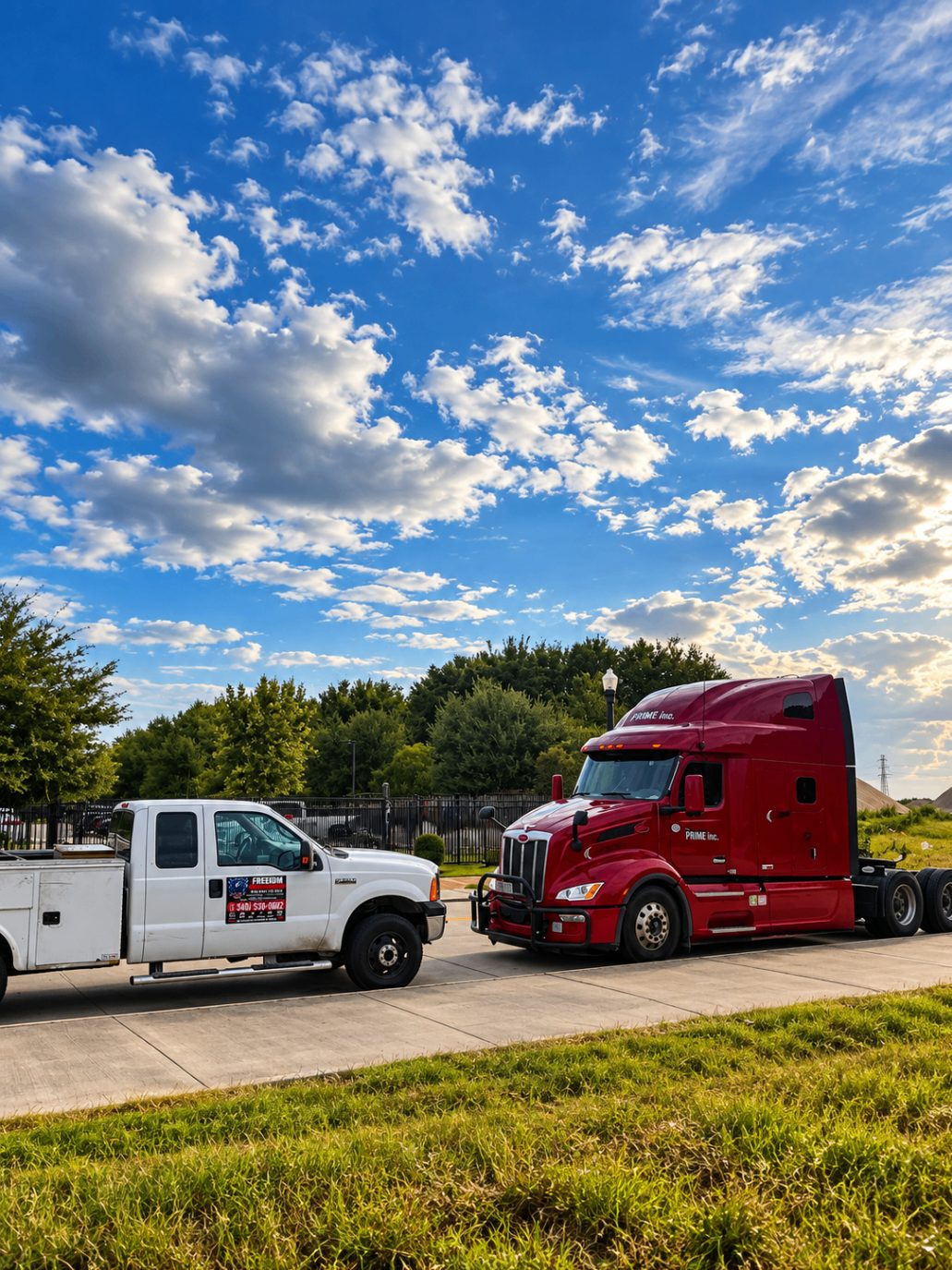 Freedom service truck parked beside a red Peterbilt semi under a blue Houston sky