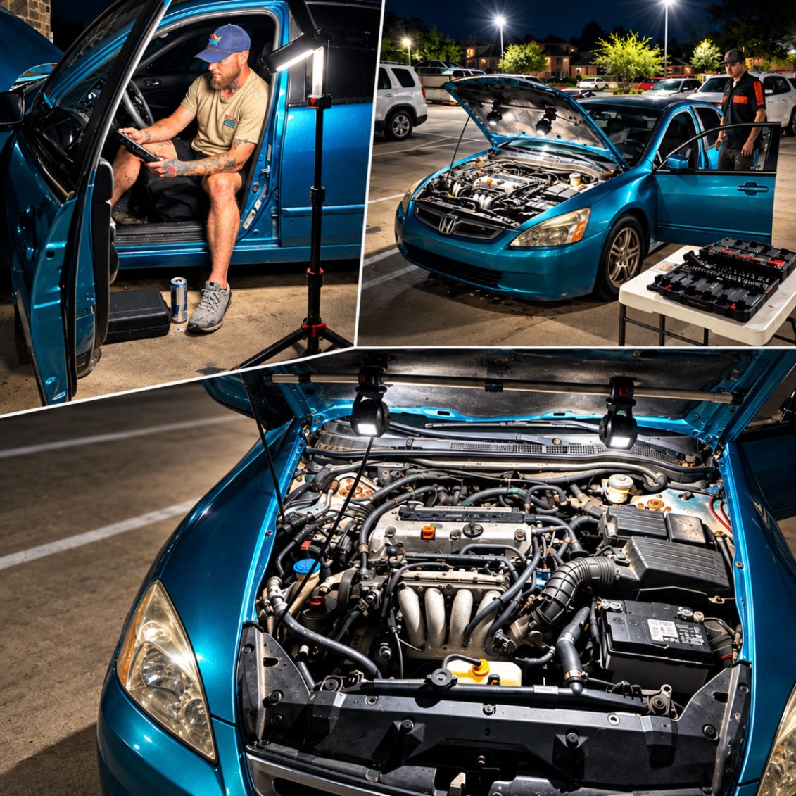 Night parking-lot diagnosis and engine work on a teal Honda Accord