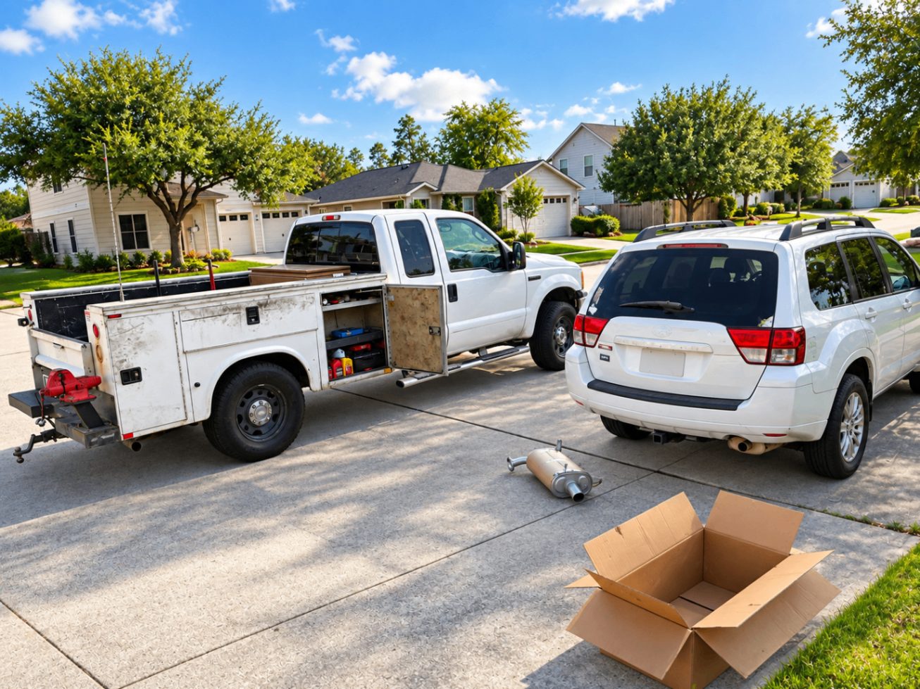 Freedom service truck in a driveway replacing an SUV muffler