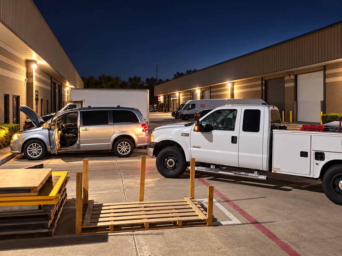 Night repair on a minivan behind a warehouse with the service truck parked alongside