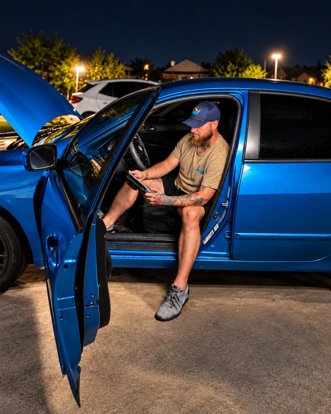 Cameron running a scan tool from the driver's seat of a blue sedan at night, hood up