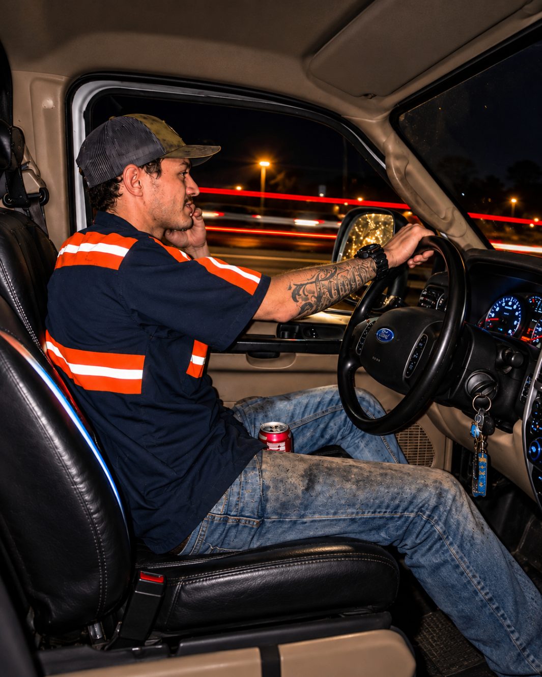 Justin in the Freedom service truck taking a call on the way to a night job