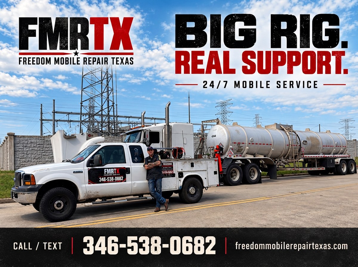 FMRTX big-rig support artwork featuring the service truck and a tanker semi
