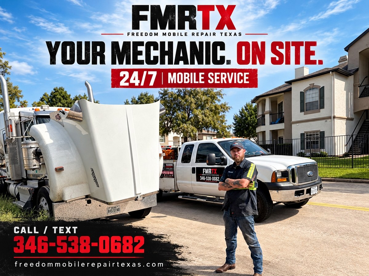 FMRTX on-site mobile service artwork featuring a mechanic beside the service truck and semi