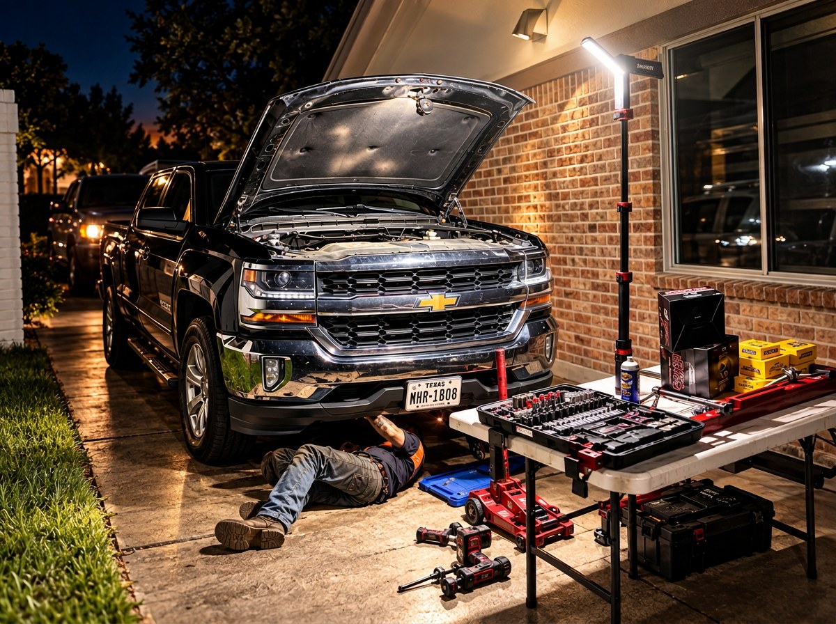 Mechanic beneath a Chevrolet Silverado with its hood raised, tools and work light in a driveway at night