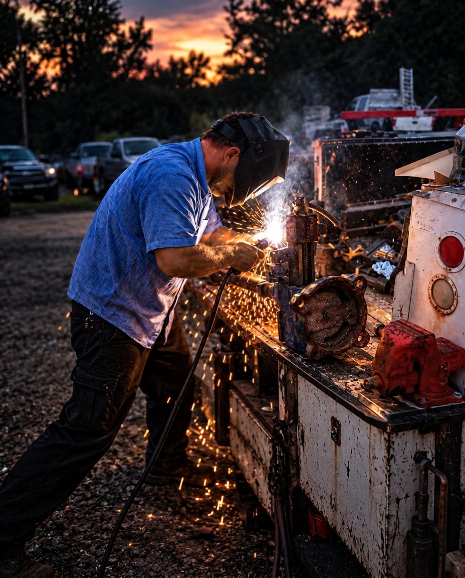 Mechanic welding a metal component on the service truck bed at sunset