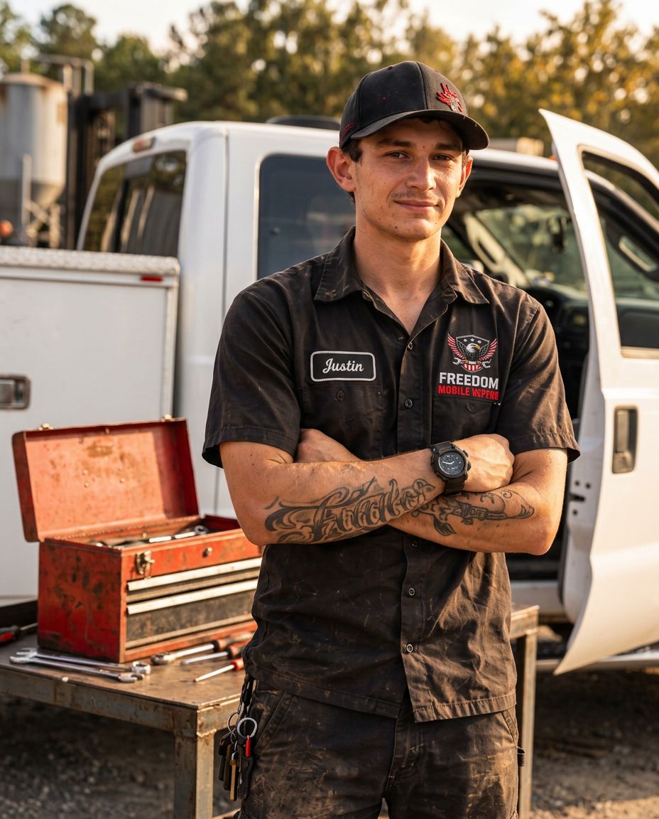 Justin, lead mechanic and director of operations at Freedom Mobile Repair in Houston, Texas